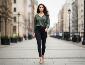 Mladá žena kráča po meste v čiernych legínach a béžových vysokých podpätkoch.