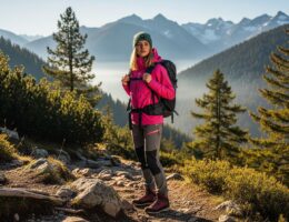 Mladá turistka v modernom oblečení stojí na horskej ceste obklopenej borovicami a zasneženými vrcholmi.