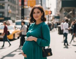 tehotná žena v elegantnom tehotenskom outfite stojaca na mestskej ulici s jemným úsmevom