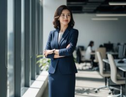 profesionálna žena v obleku stojaca sebavedomo v moderne kancelárii pri prirodzenom osvetlení