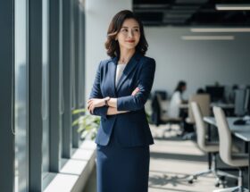 profesionálna žena v obleku stojaca sebavedomo v moderne kancelárii pri prirodzenom osvetlení