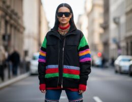 Moderná žena v meste oblečená v módnom outfite stojaca na ulici, celotelový portrét.