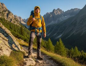 Turista na horskej ceste s batohom, obklopený skalnatými vrchmi a zelenými alpskými stromami.