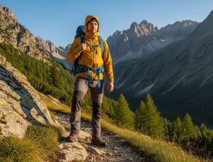 Turista na horskej ceste s batohom, obklopený skalnatými vrchmi a zelenými alpskými stromami.