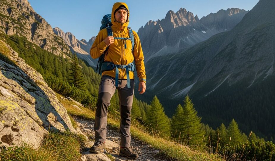Turista na horskej ceste s batohom, obklopený skalnatými vrchmi a zelenými alpskými stromami.