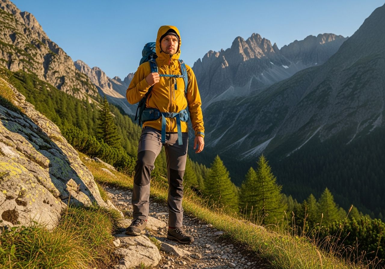 Turista na horskej ceste s batohom, obklopený skalnatými vrchmi a zelenými alpskými stromami.