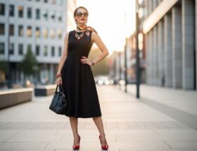 Žena v čiernych šatách s farebnými doplnkami stojí na slnečnej ulici mesta počas zlatého svetla.