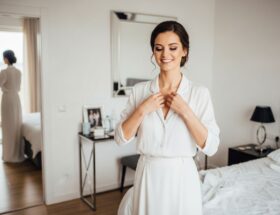 Mladá žena skúša elegantný outfit na rozlúčku so slobodou v svetlej modernej spálni.