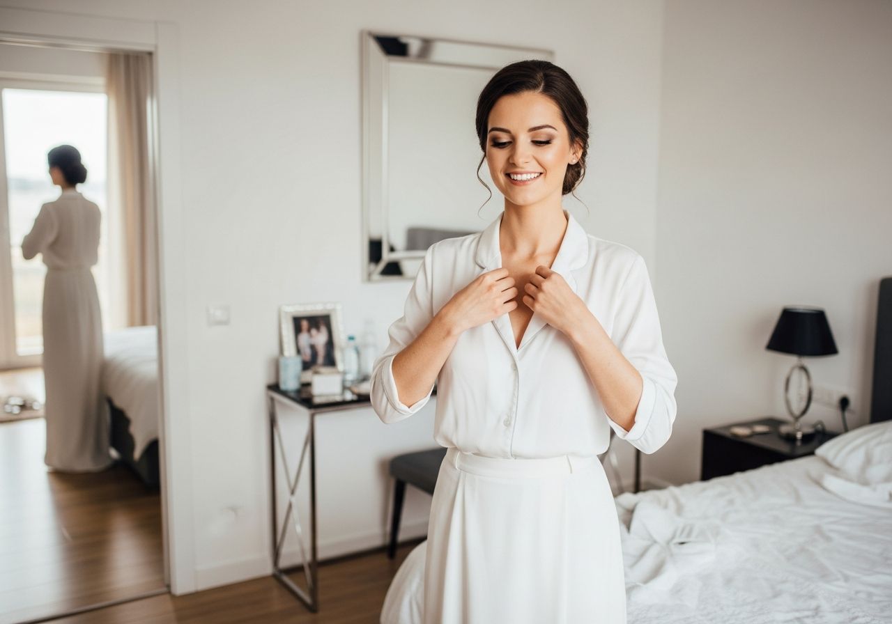 Mladá žena skúša elegantný outfit na rozlúčku so slobodou v svetlej modernej spálni.