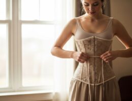 Mladá žena upravuje šnurovanie elegantného korzetu v prirodzene osvetlenej miestnosti