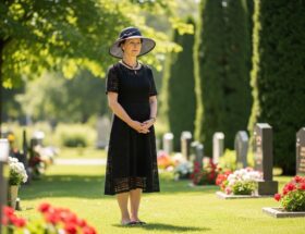 Žena v čiernom letnom pohrebnom odeve stojaca pokojne na cintoríne s kvetmi a stromami v pozadí