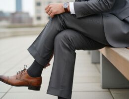 Muž v tmavých elegantných nohaviciach sedí na lavičke a upravuje si kožené hnedé topánky