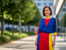 Žena v farebnom outfite stojaca vonku s rozmazaným mestským pozadím v prirodzenom svetle