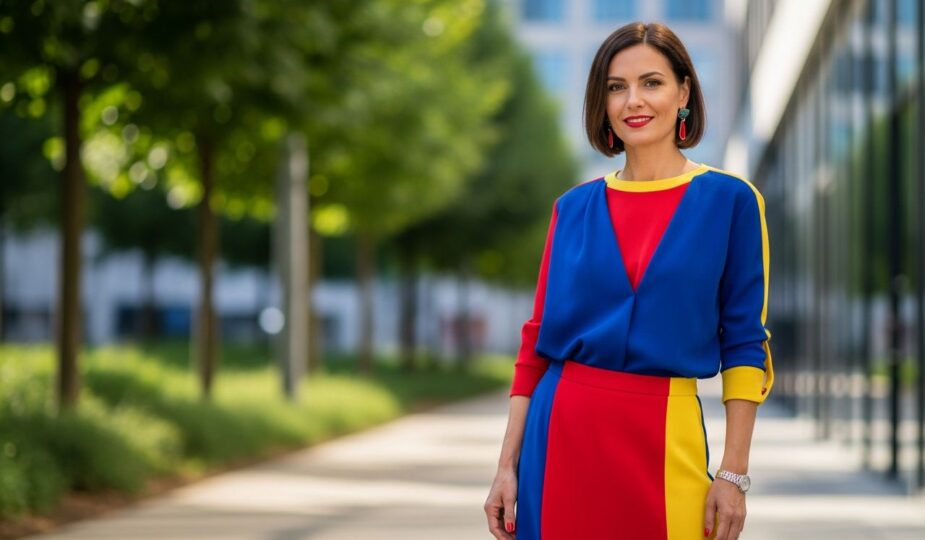 Žena v farebnom outfite stojaca vonku s rozmazaným mestským pozadím v prirodzenom svetle