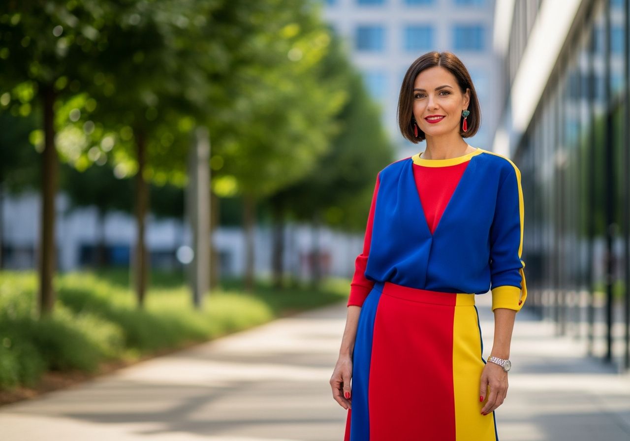 Žena v farebnom outfite stojaca vonku s rozmazaným mestským pozadím v prirodzenom svetle
