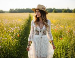 Mladá žena v boho svadobnom outfite stojí v slnečnej lúke plnej divých kvetov.