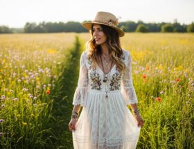 Mladá žena v boho svadobnom outfite stojí v slnečnej lúke plnej divých kvetov.