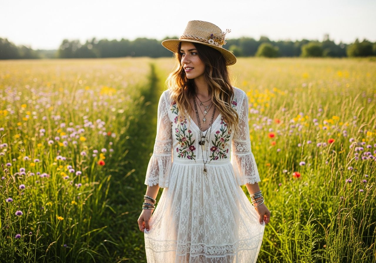 Mladá žena v boho svadobnom outfite stojí v slnečnej lúke plnej divých kvetov.