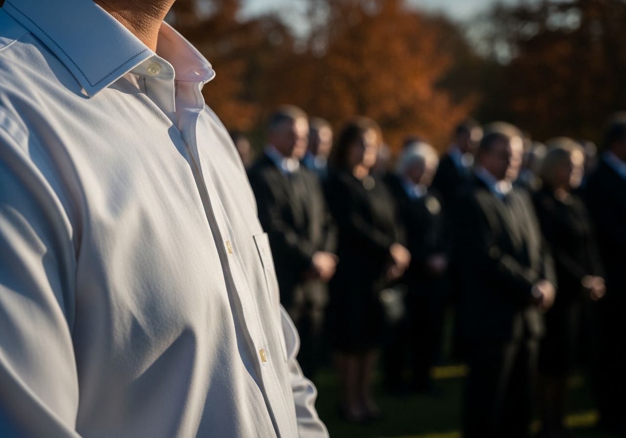 Osoba v bielej košeli na pohrebe, v pozadí ľudia v čiernom, jesenné vonkajšie prostredie.