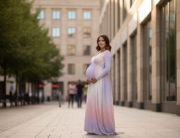 tehotná žena stojaca vonku v pohodlnom oblečení s mestským pozadím v jemnom svetle
