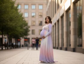 tehotná žena stojaca vonku v pohodlnom oblečení s mestským pozadím v jemnom svetle