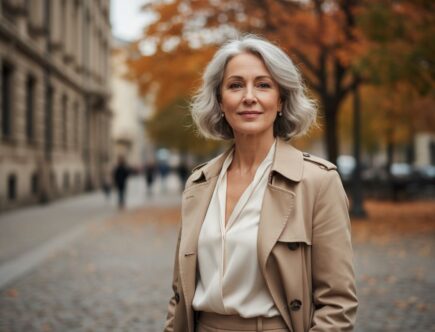 Elegantná stredoveká žena v béžovom trenčkote stojaca na jesdnej ulici mesta v teplom svetle