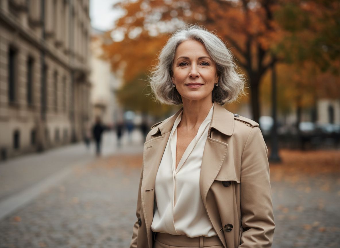 Elegantná stredoveká žena v béžovom trenčkote stojaca na jesdnej ulici mesta v teplom svetle