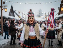 Osoba v tradičnom fašiangovom kostýme s maskou na zimnom festivale v slovenskej dedine.