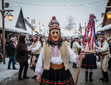 Osoba v tradičnom fašiangovom kostýme s maskou na zimnom festivale v slovenskej dedine.