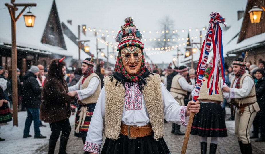 Osoba v tradičnom fašiangovom kostýme s maskou na zimnom festivale v slovenskej dedine.