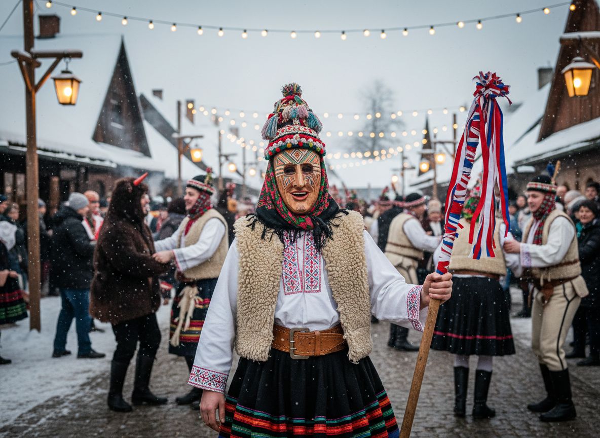 Osoba v tradičnom fašiangovom kostýme s maskou na zimnom festivale v slovenskej dedine.