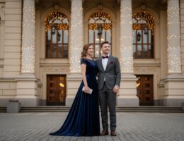 Elegantný pár pred filharmóniou za večera s mohutnými stĺpmi a svetlami v pozadí