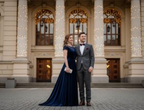 Elegantný pár pred filharmóniou za večera s mohutnými stĺpmi a svetlami v pozadí