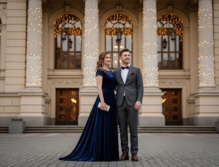 Elegantný pár pred filharmóniou za večera s mohutnými stĺpmi a svetlami v pozadí