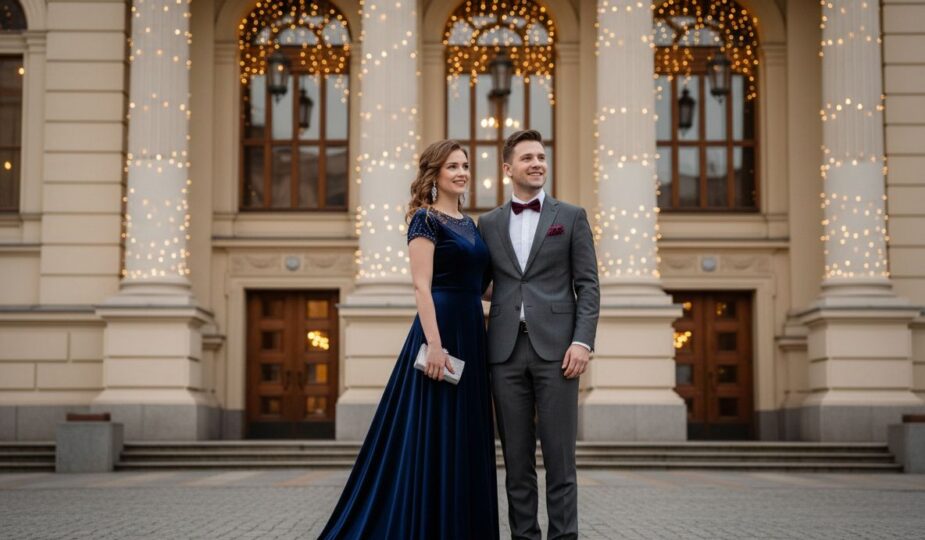 Elegantný pár pred filharmóniou za večera s mohutnými stĺpmi a svetlami v pozadí