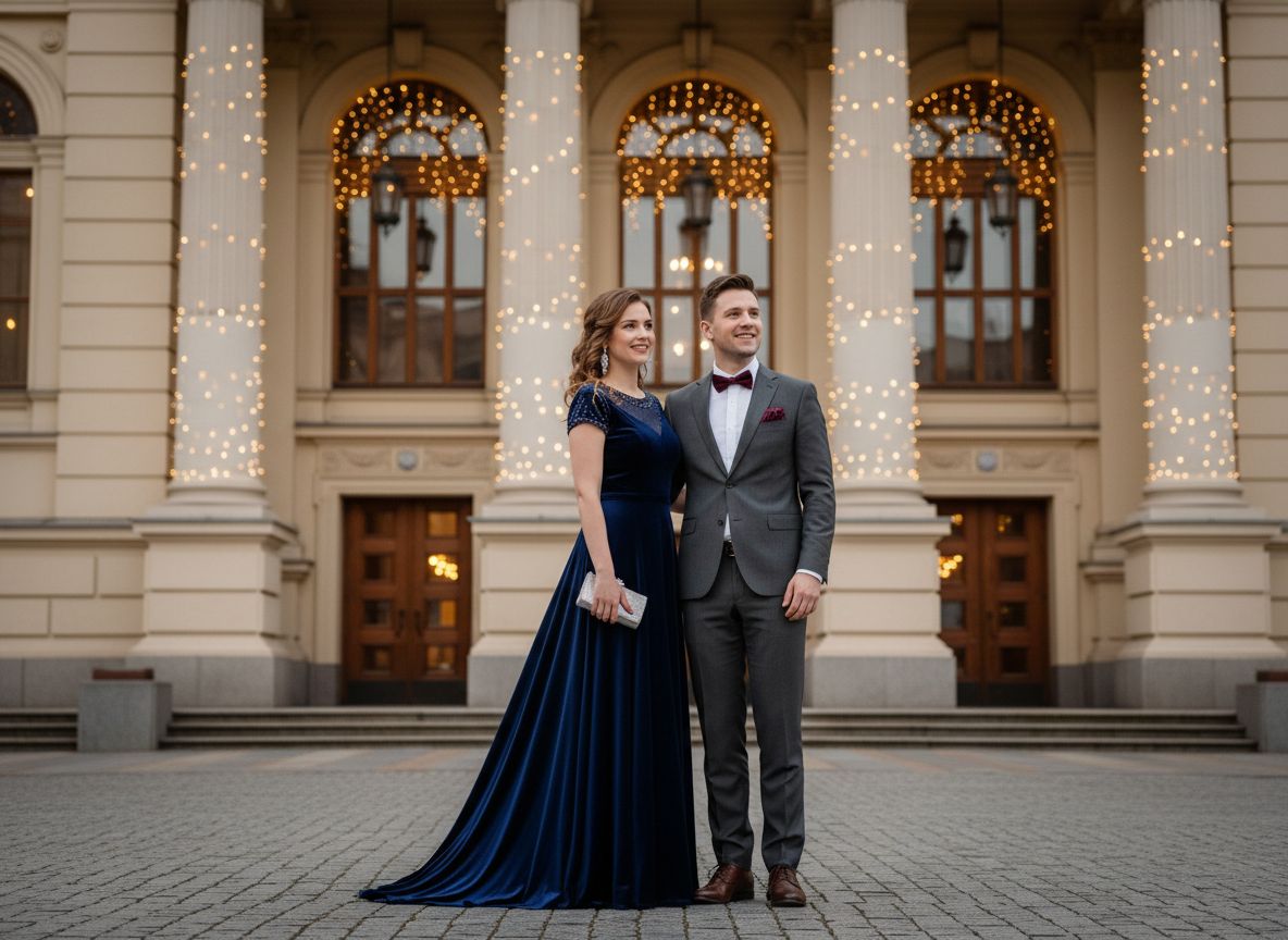 Elegantný pár pred filharmóniou za večera s mohutnými stĺpmi a svetlami v pozadí