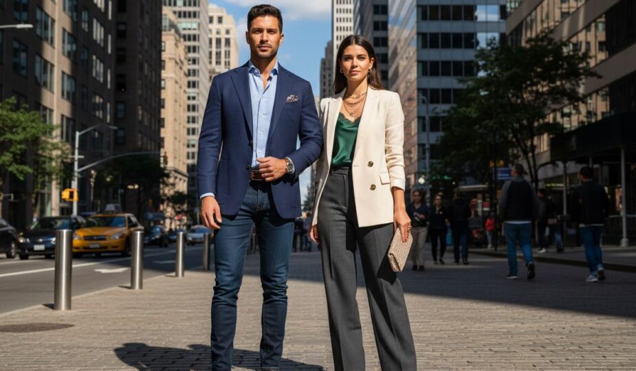 Muži a ženy v smart casual oblečení stojaci v modernom mestskom prostredí.